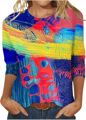 2024 Fashion Spring Tops 3/4 Sleeve Length Trendy Shirts Dressy Casual Work Blouse Ladies Tie Dye Summer Outfits