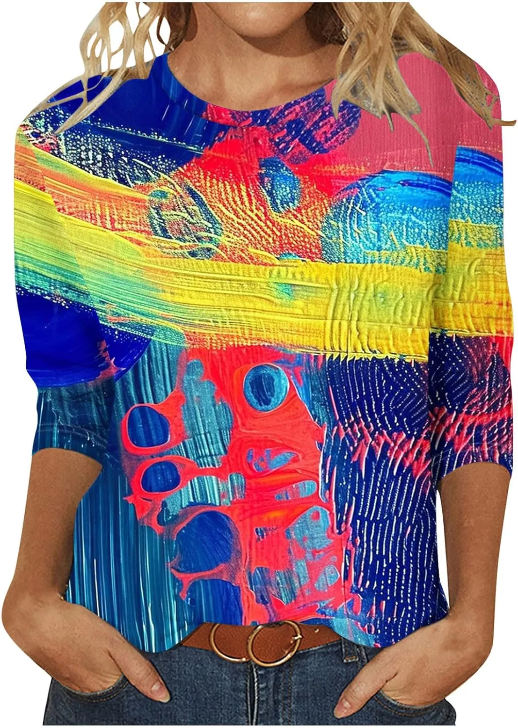 2024 Fashion Spring Tops 3/4 Sleeve Length Trendy Shirts Dressy Casual Work Blouse Ladies Tie Dye Summer Outfits