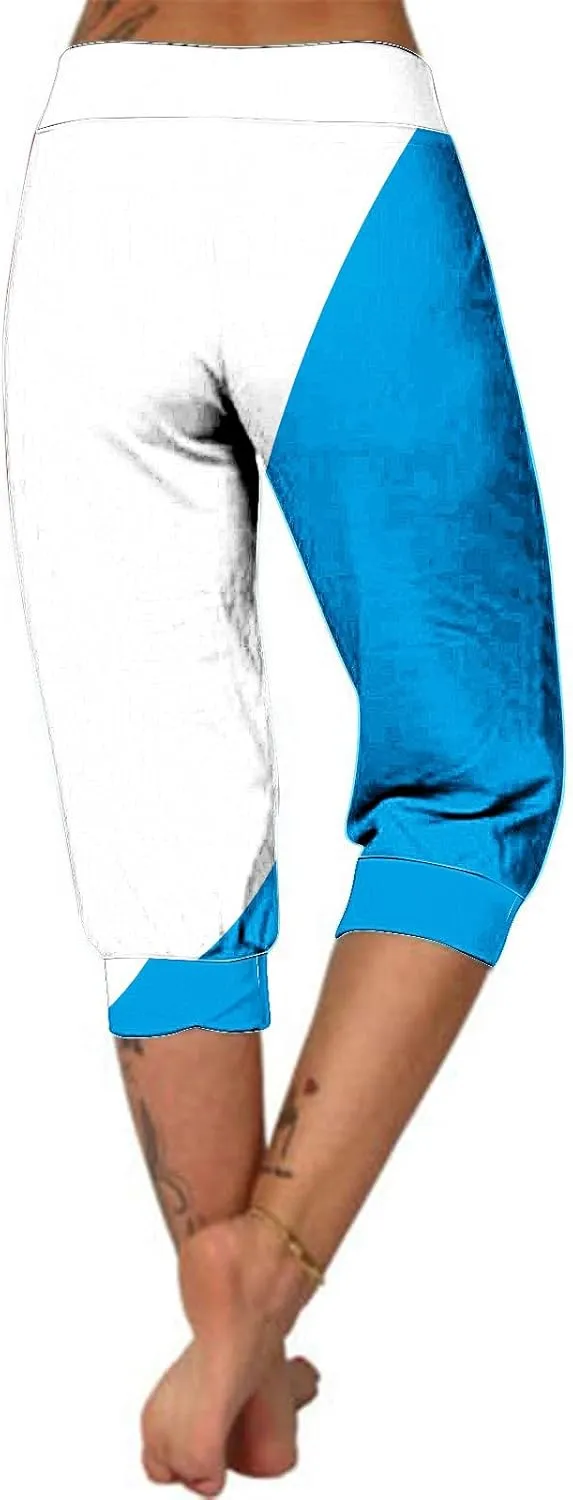 2025 Stylish Colorblock Capris Pant for Women High Elastic Trendy Cuff Sweatpant Summer Side Pocket Stretch Trouser
