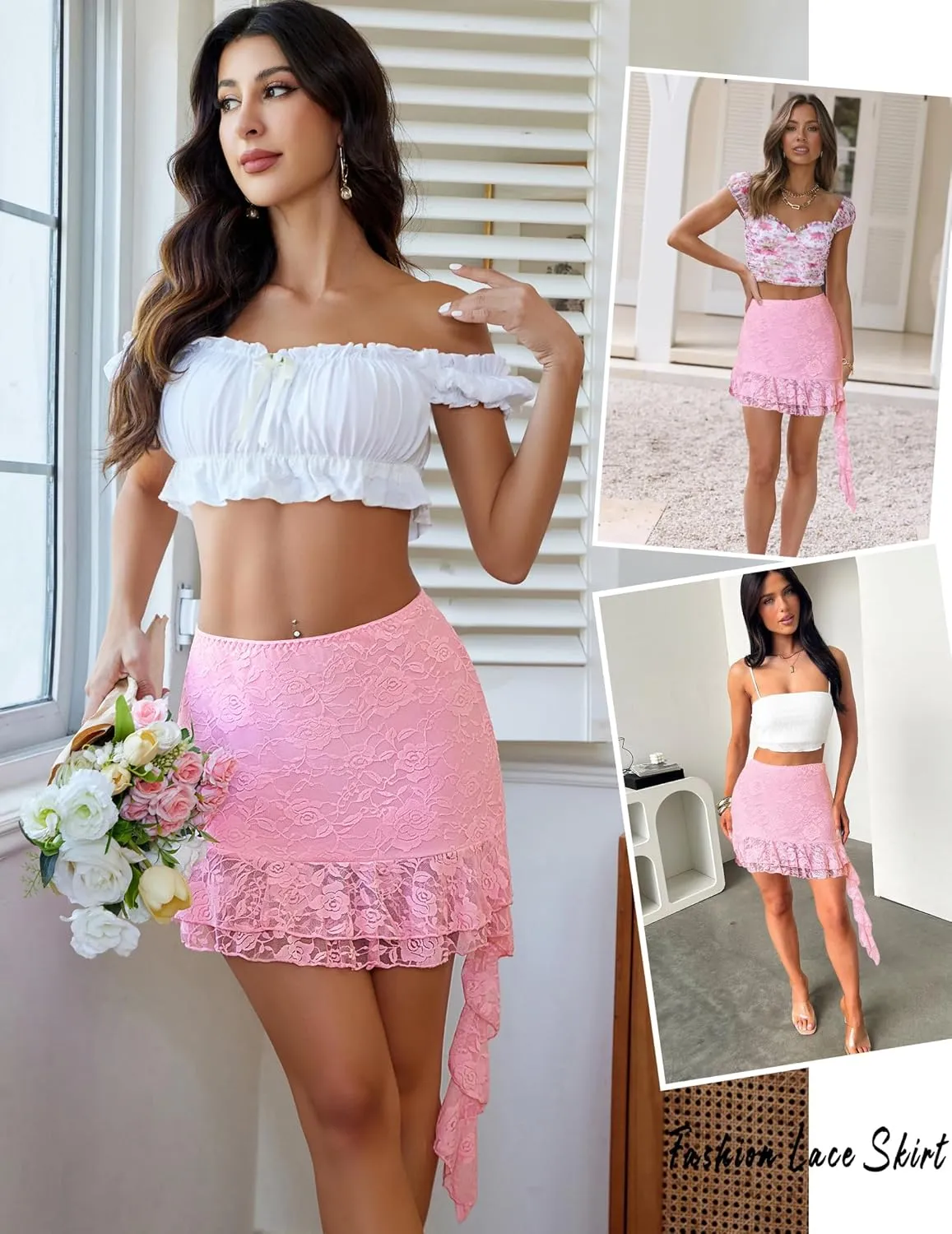 Avidlove Lace Skirts for Women Sexy Flowy Asymmetrical Low Rise Ruffle Mini Skirt