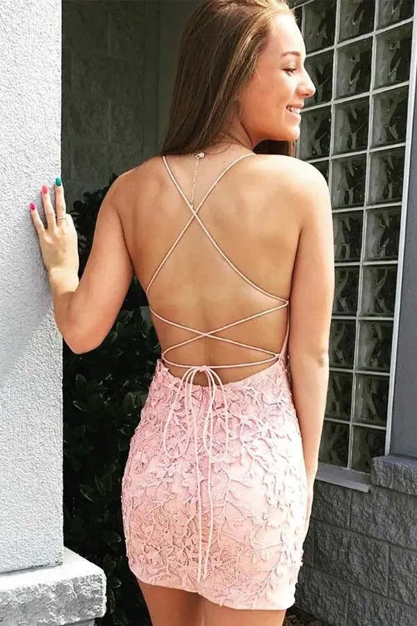 Bodycon Scoop Neck Light Blue Lace Appliques Short Tight Homecoming Dress VK0101002