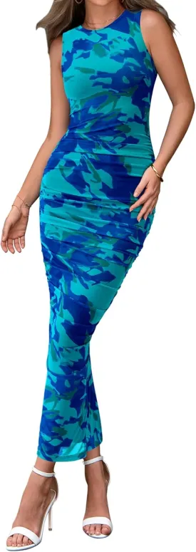 BTFBM Women Bodycon Maxi Dresses 2025 Summer Sleeveless Floral Ruched Slit Mesh Party Cocktail Wedding Guest Tank Dress