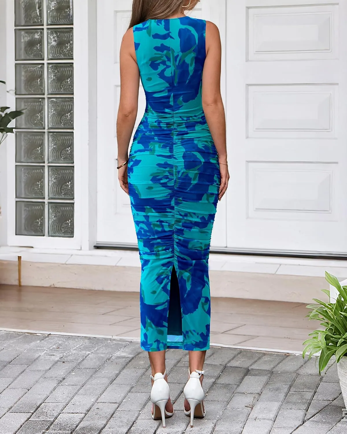 BTFBM Women Bodycon Maxi Dresses 2025 Summer Sleeveless Floral Ruched Slit Mesh Party Cocktail Wedding Guest Tank Dress
