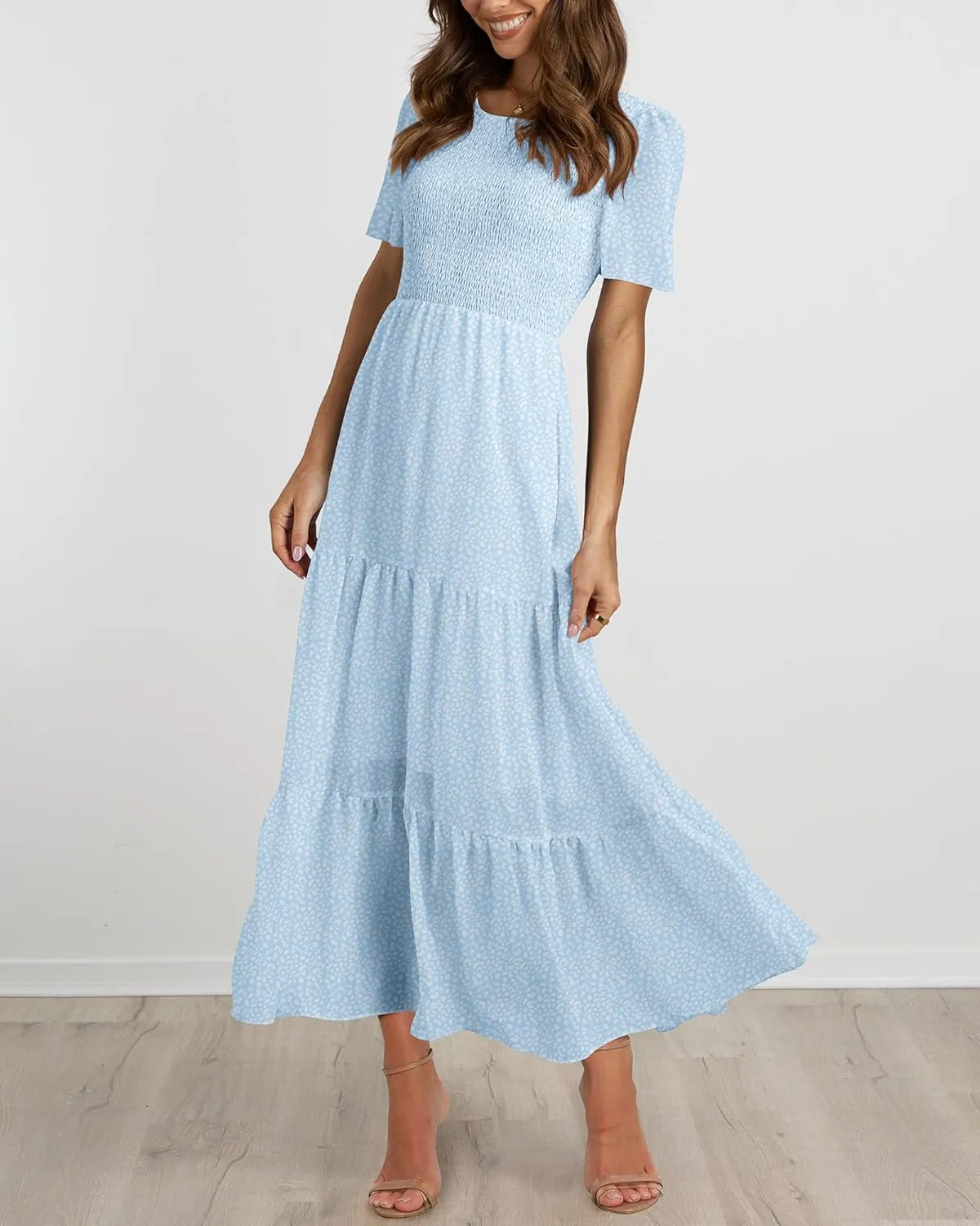 BTFBM Women Casual Short Sleeve Crew Neck Summer Dress Bohemian Floral Printed Flowy Maxi Dresses Tiered Cocktail Dress