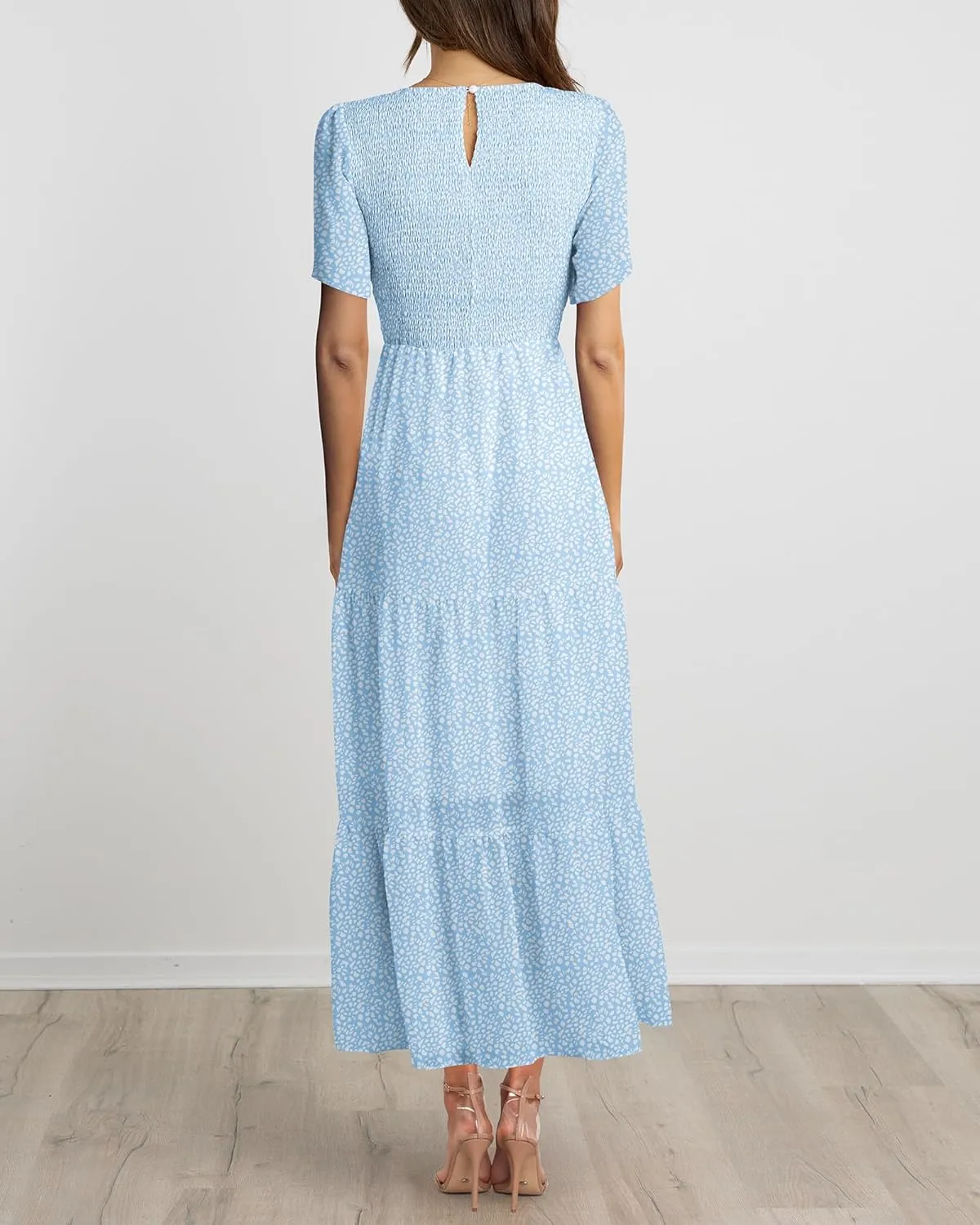 BTFBM Women Casual Short Sleeve Crew Neck Summer Dress Bohemian Floral Printed Flowy Maxi Dresses Tiered Cocktail Dress