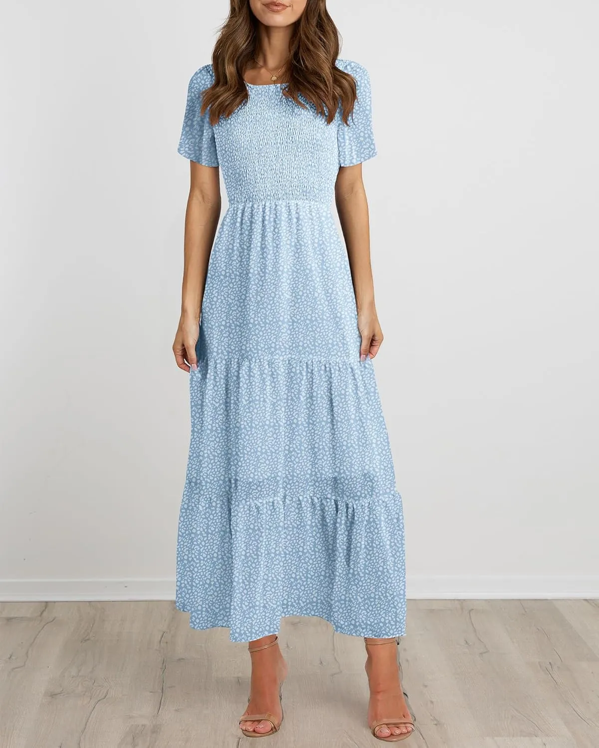 BTFBM Women Casual Short Sleeve Crew Neck Summer Dress Bohemian Floral Printed Flowy Maxi Dresses Tiered Cocktail Dress