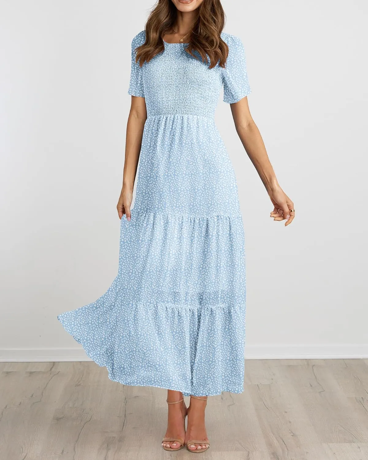 BTFBM Women Casual Short Sleeve Crew Neck Summer Dress Bohemian Floral Printed Flowy Maxi Dresses Tiered Cocktail Dress