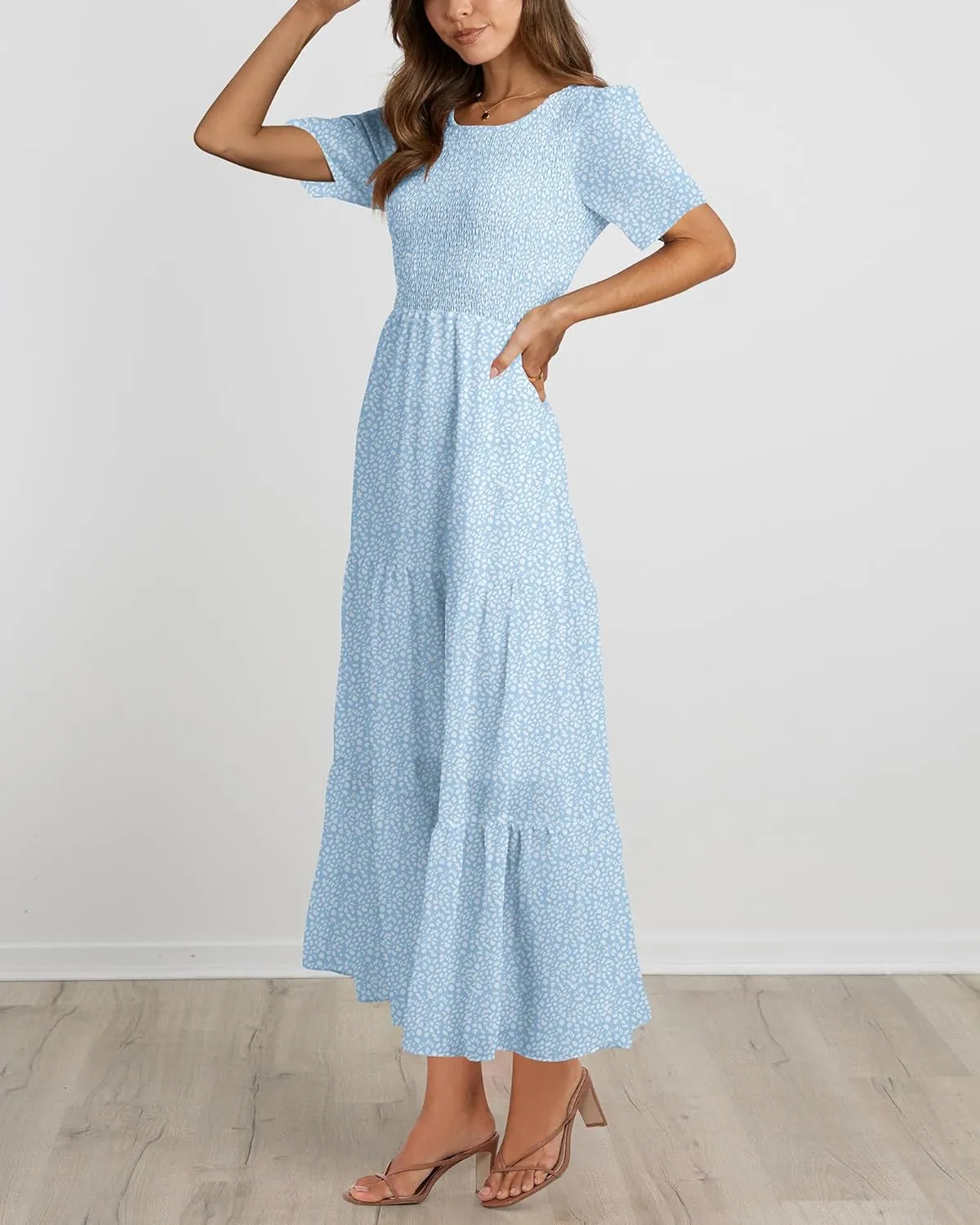 BTFBM Women Casual Short Sleeve Crew Neck Summer Dress Bohemian Floral Printed Flowy Maxi Dresses Tiered Cocktail Dress