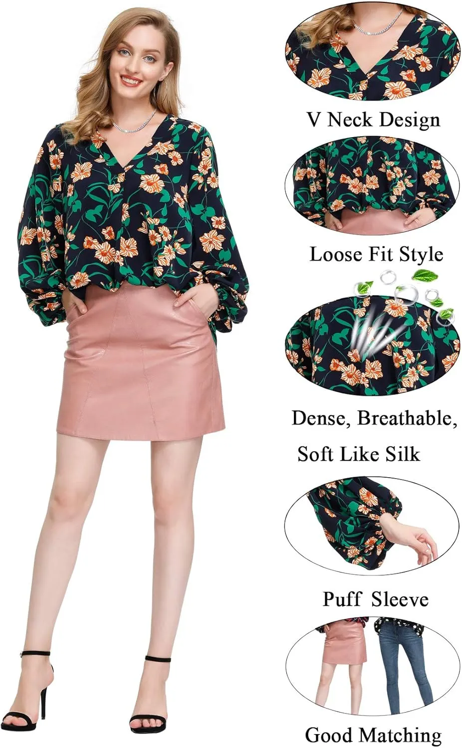 BUENOS NINOS Women's Dressy Tops Balloon Long Sleeve Blouse V Neck Casual Floral Loose Shirts