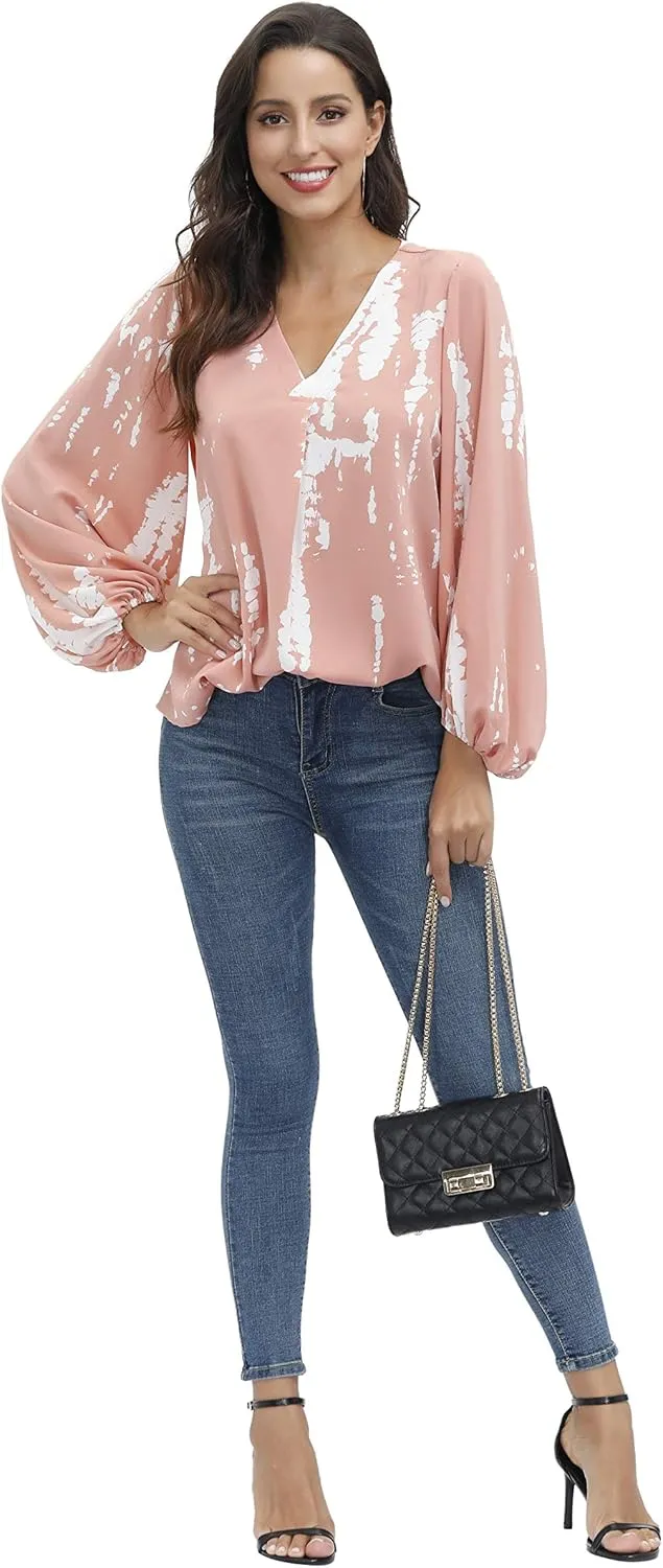 BUENOS NINOS Women's Dressy Tops Balloon Long Sleeve Blouse V Neck Casual Floral Loose Shirts
