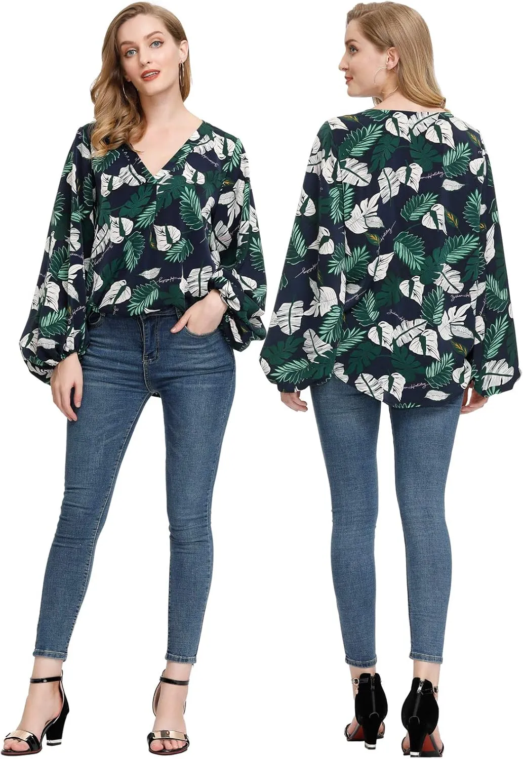 BUENOS NINOS Women's Dressy Tops Balloon Long Sleeve Blouse V Neck Casual Floral Loose Shirts