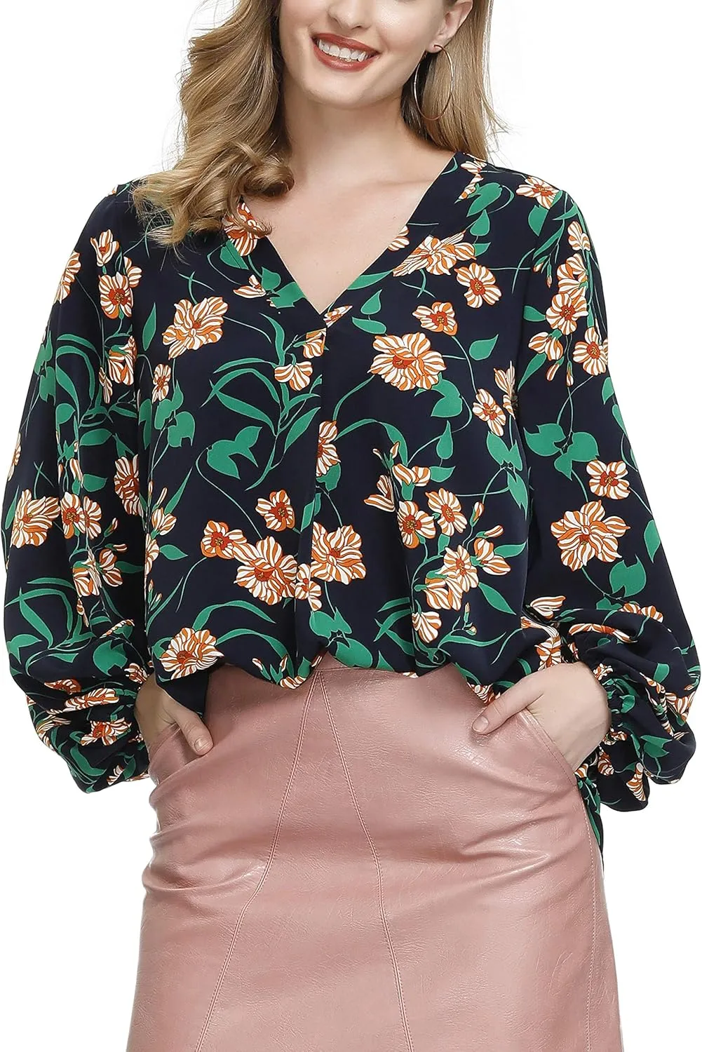 BUENOS NINOS Women's Dressy Tops Balloon Long Sleeve Blouse V Neck Casual Floral Loose Shirts