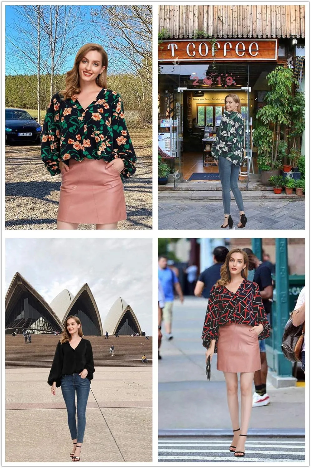 BUENOS NINOS Women's Dressy Tops Balloon Long Sleeve Blouse V Neck Casual Floral Loose Shirts