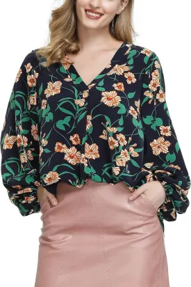 BUENOS NINOS Women's Dressy Tops Balloon Long Sleeve Blouse V Neck Casual Floral Loose Shirts