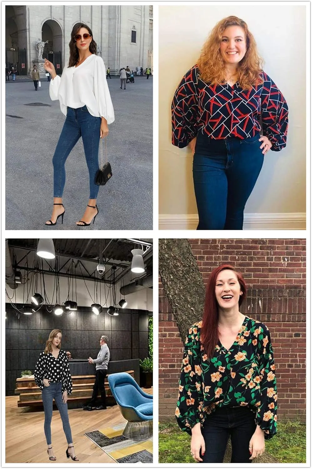 BUENOS NINOS Women's Dressy Tops Balloon Long Sleeve Blouse V Neck Casual Floral Loose Shirts