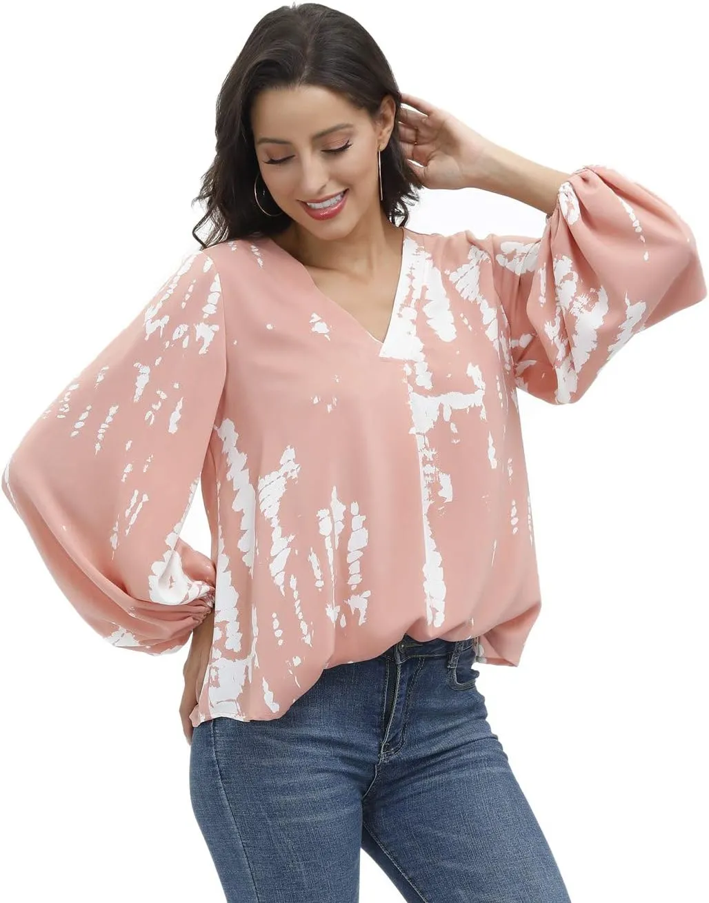 BUENOS NINOS Women's Dressy Tops Balloon Long Sleeve Blouse V Neck Casual Floral Loose Shirts