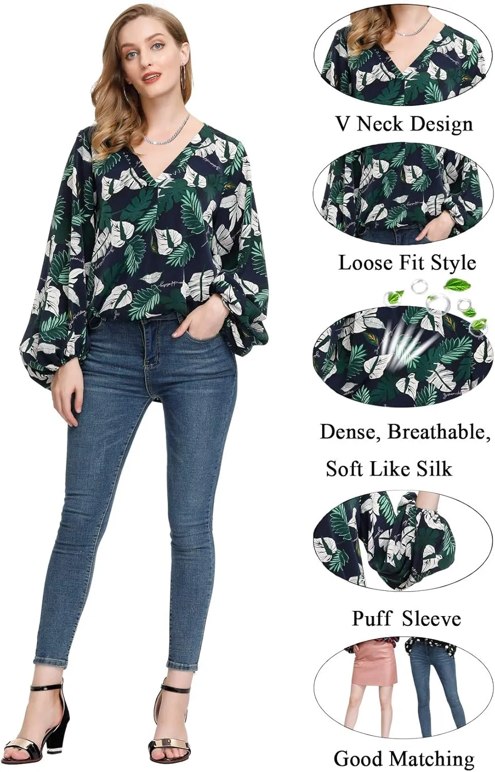 BUENOS NINOS Women's Dressy Tops Balloon Long Sleeve Blouse V Neck Casual Floral Loose Shirts