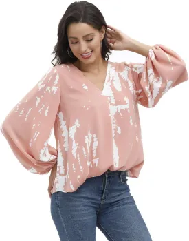 BUENOS NINOS Women's Dressy Tops Balloon Long Sleeve Blouse V Neck Casual Floral Loose Shirts