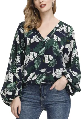 BUENOS NINOS Women's Dressy Tops Balloon Long Sleeve Blouse V Neck Casual Floral Loose Shirts