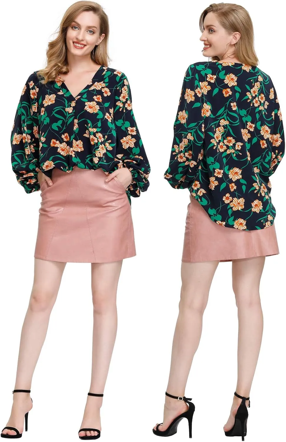 BUENOS NINOS Women's Dressy Tops Balloon Long Sleeve Blouse V Neck Casual Floral Loose Shirts