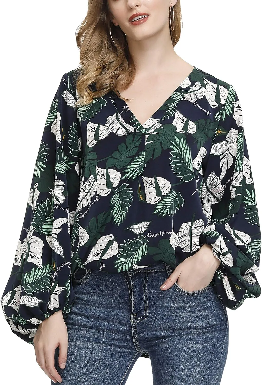 BUENOS NINOS Women's Dressy Tops Balloon Long Sleeve Blouse V Neck Casual Floral Loose Shirts
