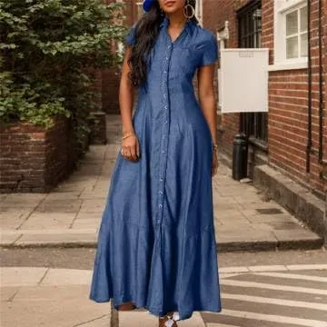 Button Down Denim Shirt Dress for Women Vintage Casual Lapel Collared Solid Jean Dresses with Pockets