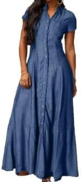 Button Down Denim Shirt Dress for Women Vintage Casual Lapel Collared Solid Jean Dresses with Pockets