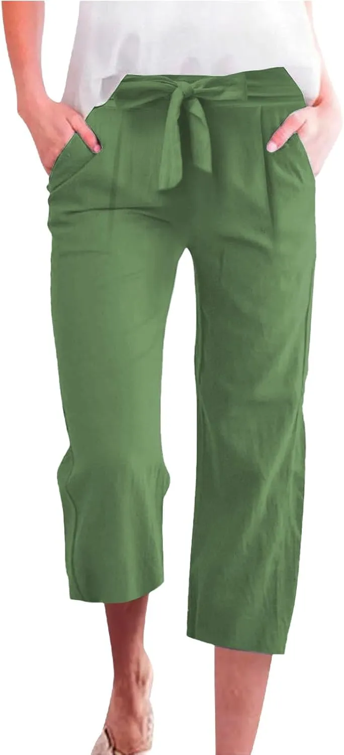Capris Pants for Women Casual Summer Wide Leg Linen Pants Tie Belt Elastic Waist Beach Cropped Trousers with Pockets
