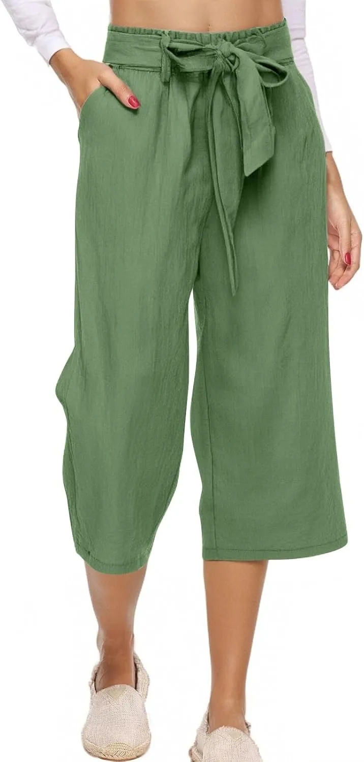 Capris Pants for Women Casual Summer Wide Leg Linen Pants Tie Belt Elastic Waist Beach Cropped Trousers with Pockets