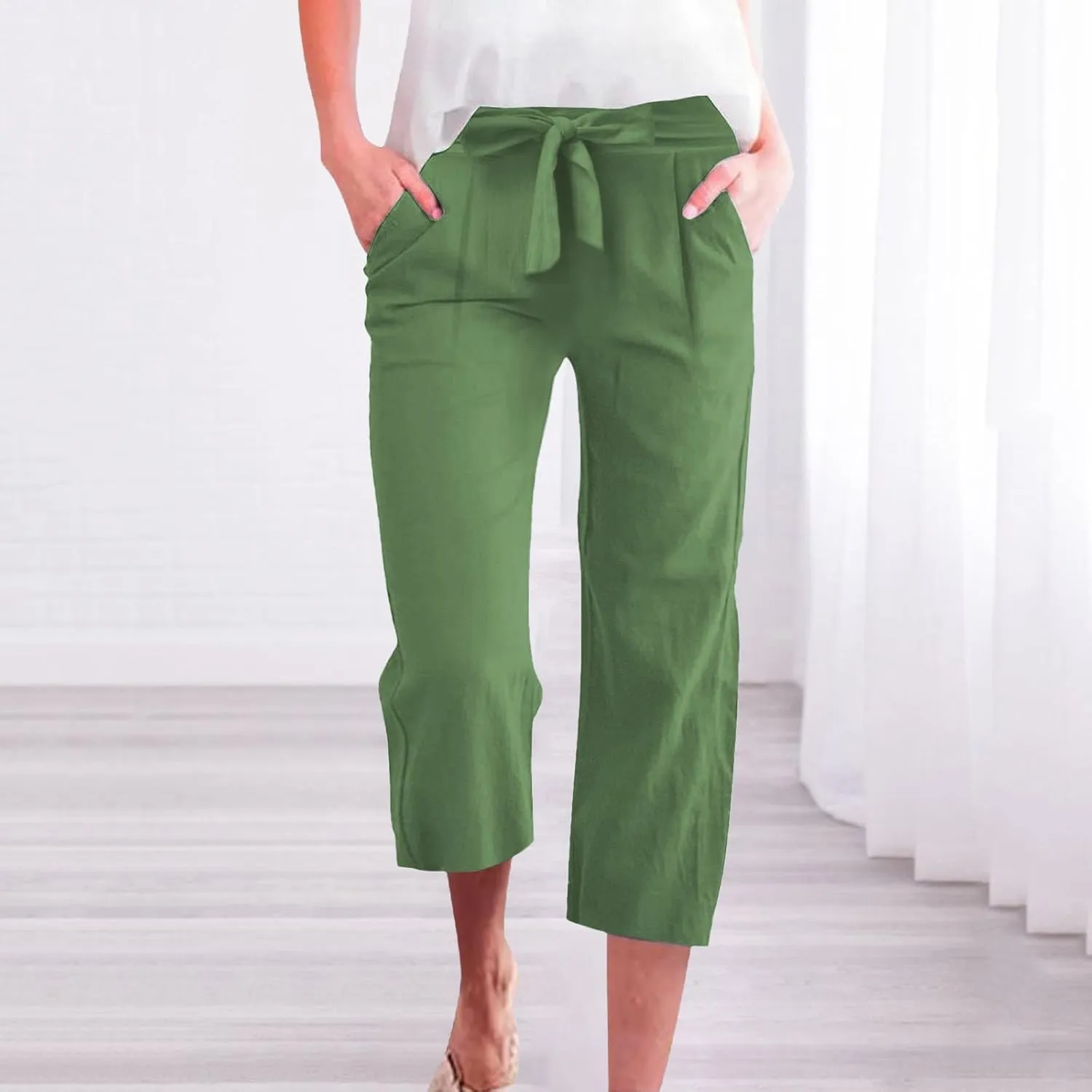 Capris Pants for Women Casual Summer Wide Leg Linen Pants Tie Belt Elastic Waist Beach Cropped Trousers with Pockets