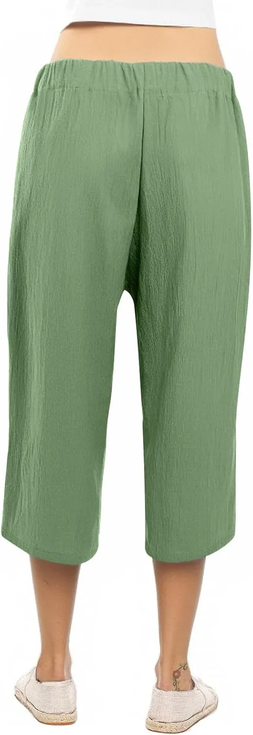 Capris Pants for Women Casual Summer Wide Leg Linen Pants Tie Belt Elastic Waist Beach Cropped Trousers with Pockets