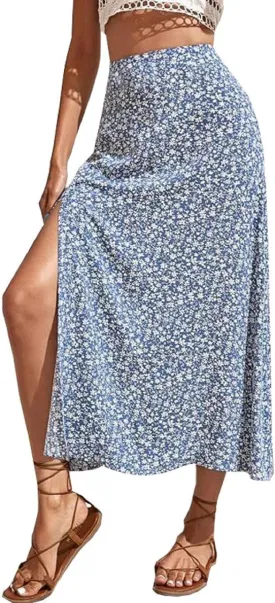 CHARTOU Women's Summer High Waist Floral Print Side Slit Midi Long Beach Boho Skirt