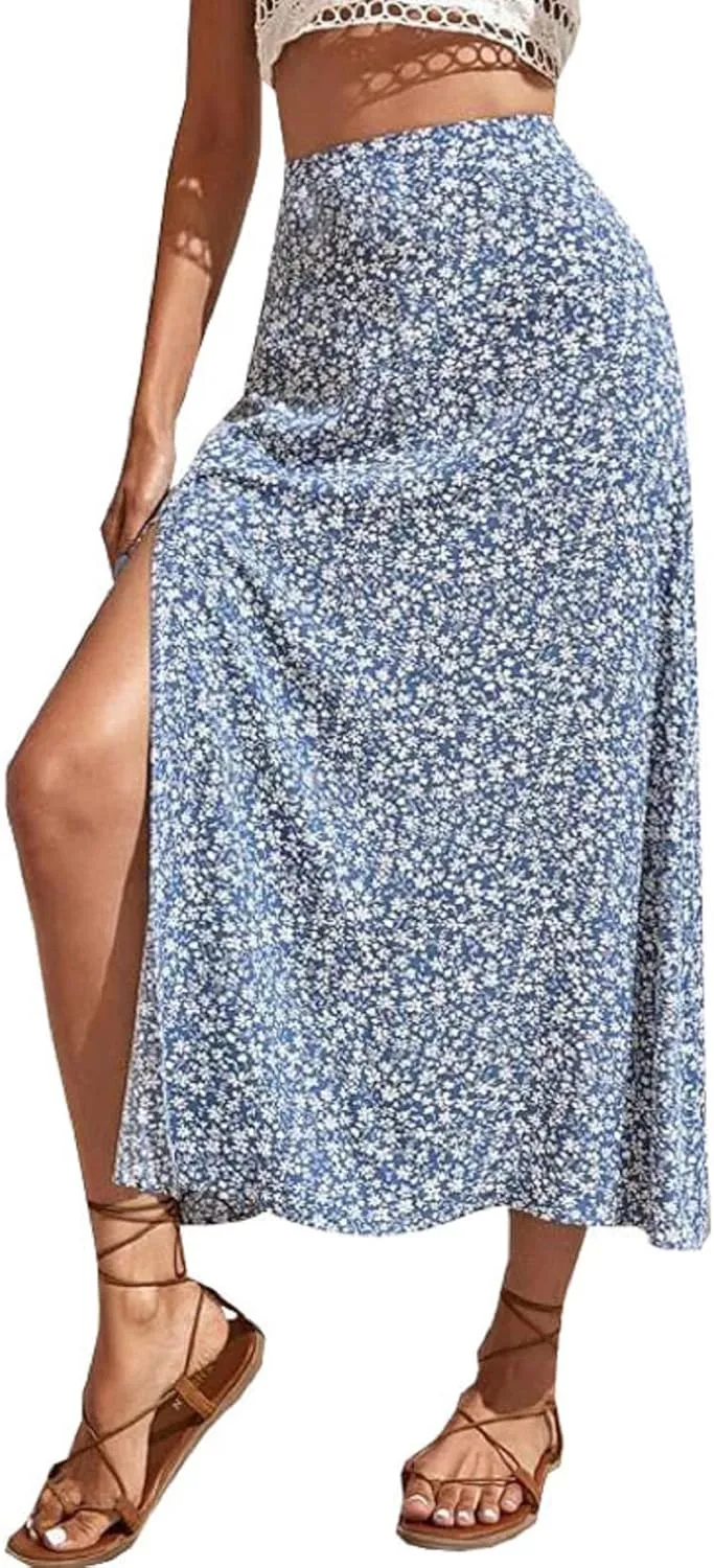 CHARTOU Women's Summer High Waist Floral Print Side Slit Midi Long Beach Boho Skirt