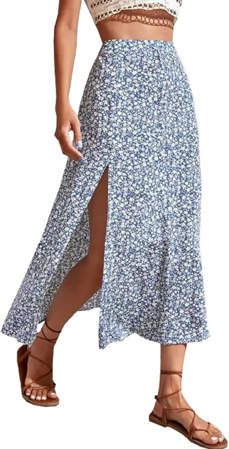 CHARTOU Women's Summer High Waist Floral Print Side Slit Midi Long Beach Boho Skirt