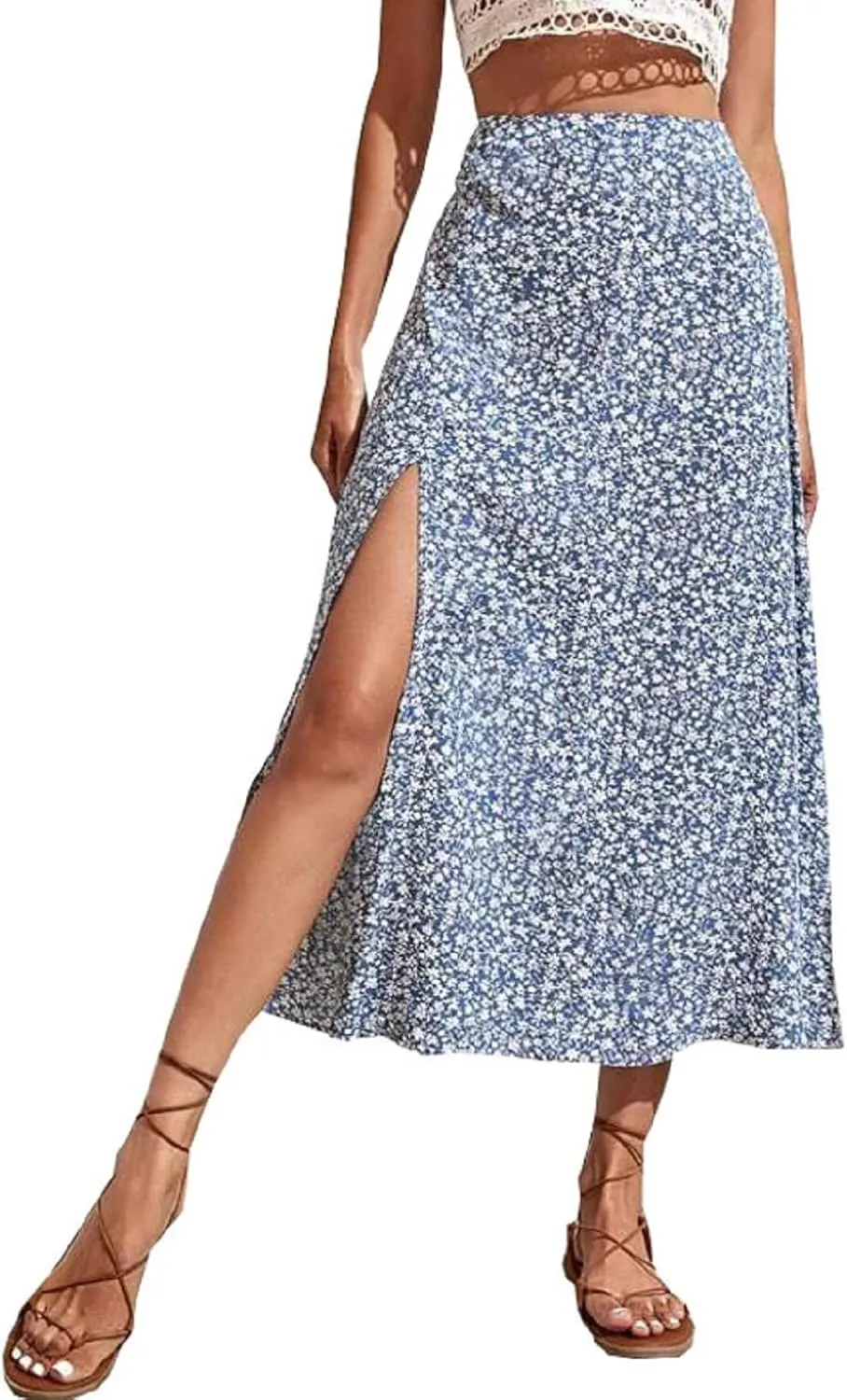 CHARTOU Women's Summer High Waist Floral Print Side Slit Midi Long Beach Boho Skirt