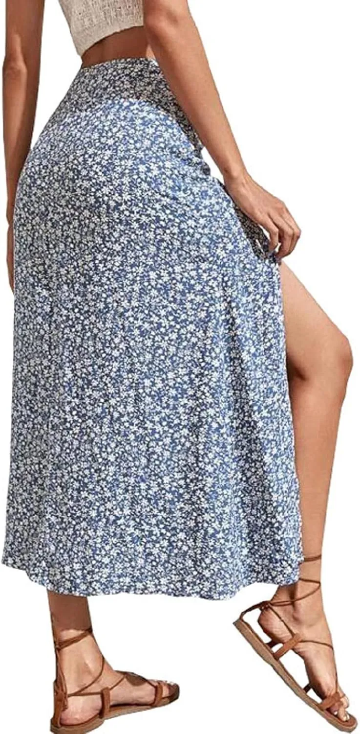 CHARTOU Women's Summer High Waist Floral Print Side Slit Midi Long Beach Boho Skirt