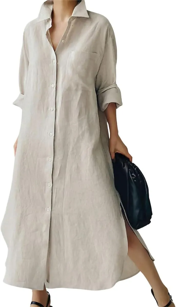 chouyatou Women's Spring Button Down Cotton Shirt Dress Summer Flowy Side Slit Maxi Shift Dress