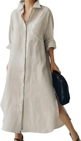 chouyatou Women's Spring Button Down Cotton Shirt Dress Summer Flowy Side Slit Maxi Shift Dress