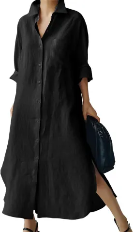 chouyatou Women's Spring Button Down Cotton Shirt Dress Summer Flowy Side Slit Maxi Shift Dress