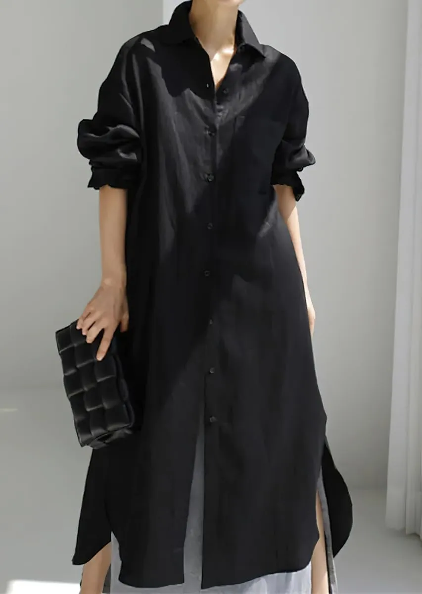 chouyatou Women's Spring Button Down Cotton Shirt Dress Summer Flowy Side Slit Maxi Shift Dress
