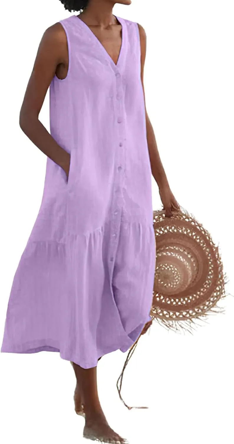 chouyatou Women's Summer Sleeveless Button Down Cotton Tank Dress Loose A-Line Tiered Tunic Beach Dress