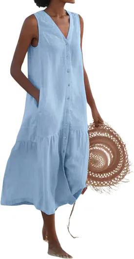 chouyatou Women's Summer Sleeveless Button Down Cotton Tank Dress Loose A-Line Tiered Tunic Beach Dress