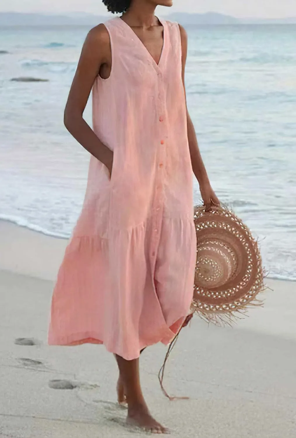 chouyatou Women's Summer Sleeveless Button Down Cotton Tank Dress Loose A-Line Tiered Tunic Beach Dress