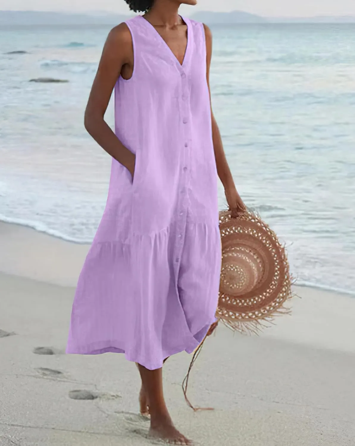 chouyatou Women's Summer Sleeveless Button Down Cotton Tank Dress Loose A-Line Tiered Tunic Beach Dress