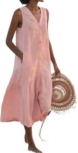 chouyatou Women's Summer Sleeveless Button Down Cotton Tank Dress Loose A-Line Tiered Tunic Beach Dress