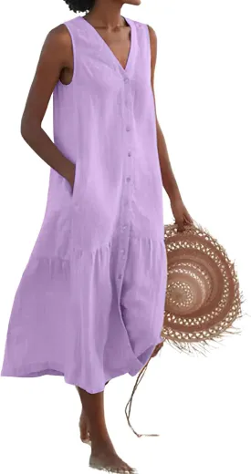 chouyatou Women's Summer Sleeveless Button Down Cotton Tank Dress Loose A-Line Tiered Tunic Beach Dress