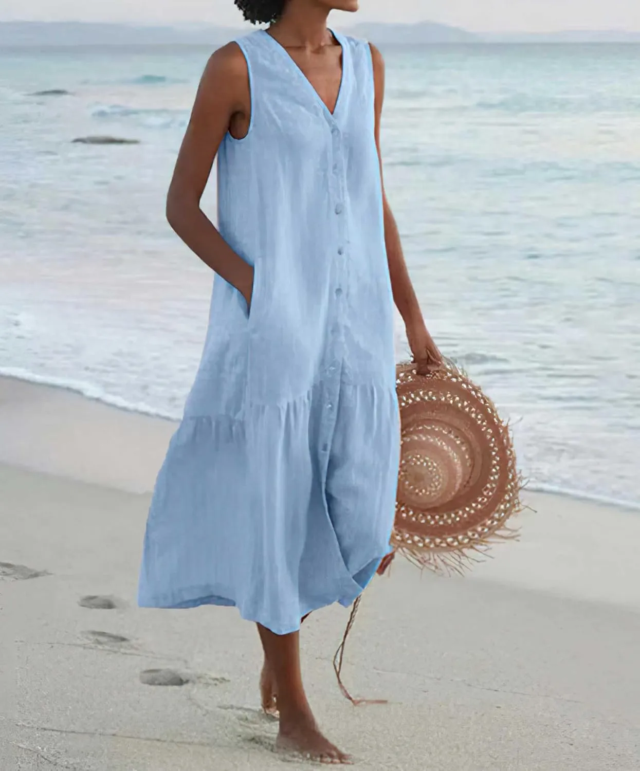chouyatou Women's Summer Sleeveless Button Down Cotton Tank Dress Loose A-Line Tiered Tunic Beach Dress