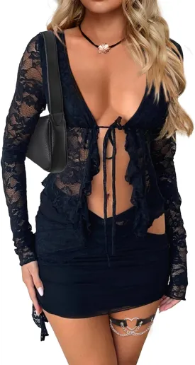 CSDAJIO 2 Piece Outfits for Women Floral Lace Open Front Tie Up Long Sleeve Crop Top Blouse Shirt and Mini Skirt Set