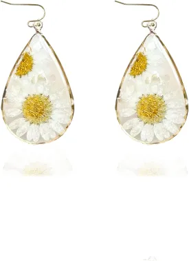 Daisy Pressed Flower Earrings Handmade Resin Daisy Real Dried Flower Floral Teardrop Dangle Earring White Flower Earrings Christmas 2024 Gifts for Women