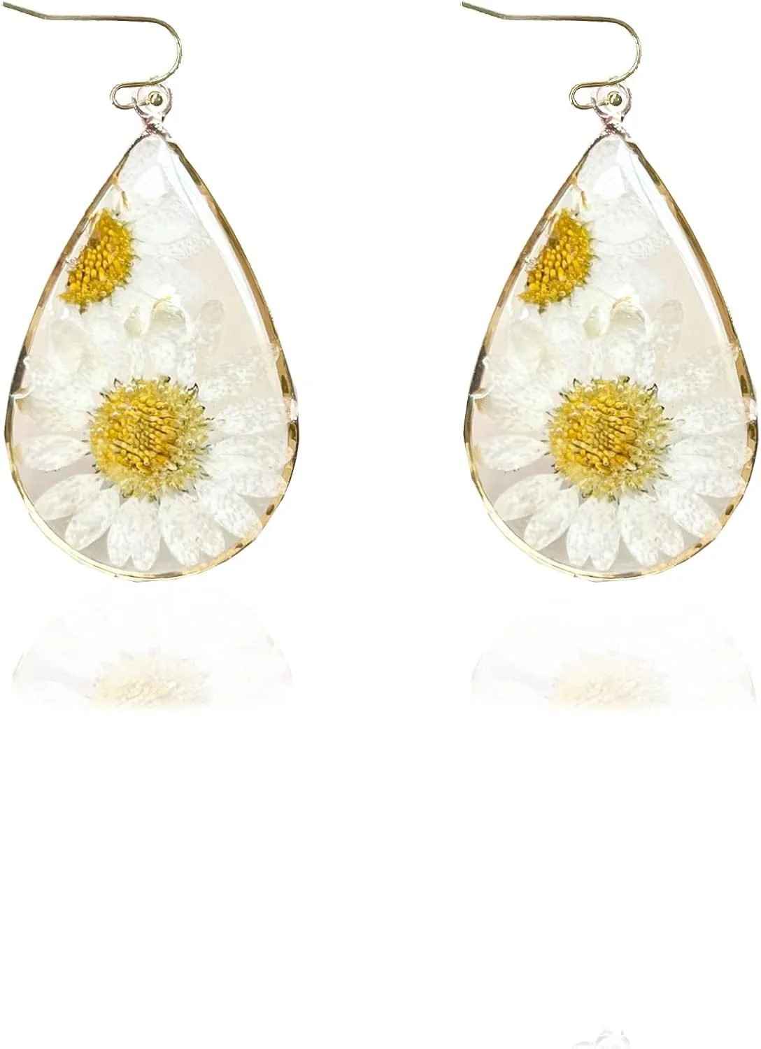 Daisy Pressed Flower Earrings Handmade Resin Daisy Real Dried Flower Floral Teardrop Dangle Earring White Flower Earrings Christmas 2024 Gifts for Women